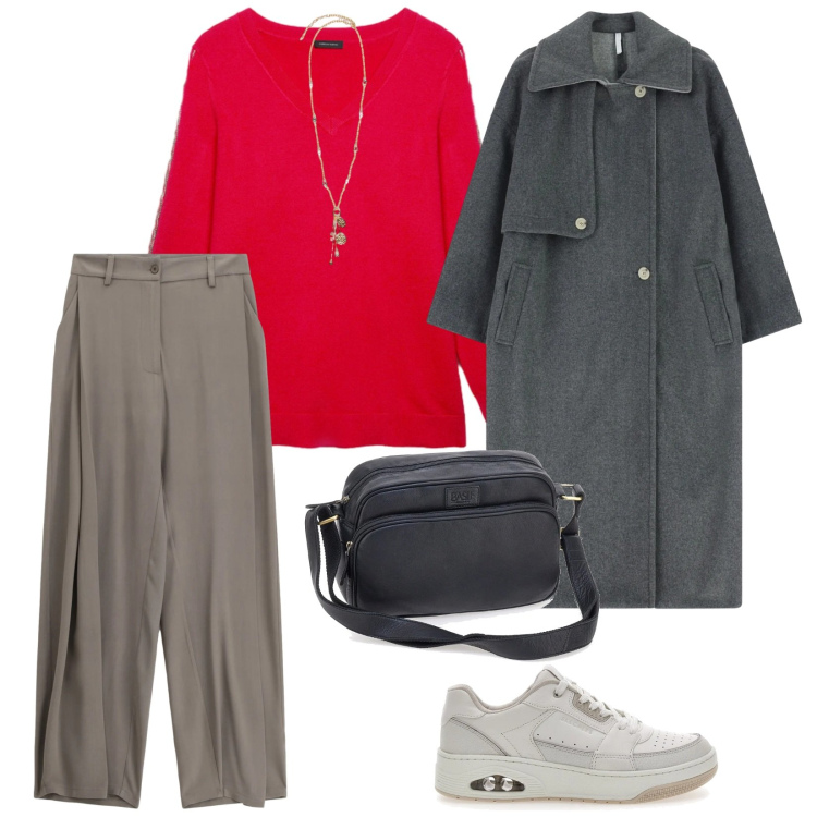 Outfit donna - Cappotto e scarpe sportive. per Tutti i giorni. Abbinamento con cappotti, pantaloni a palazzo, sneakers, maglieria, borse a tracolla, ciondoli.