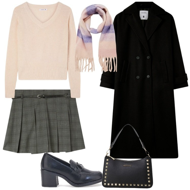 Outfit donna - Minimal e Bon ton. Stile Minimal per Tutti i giorni. Abbinamento con sciarpe, minigonne, maglieria, cappotti, pochette, mocassini.