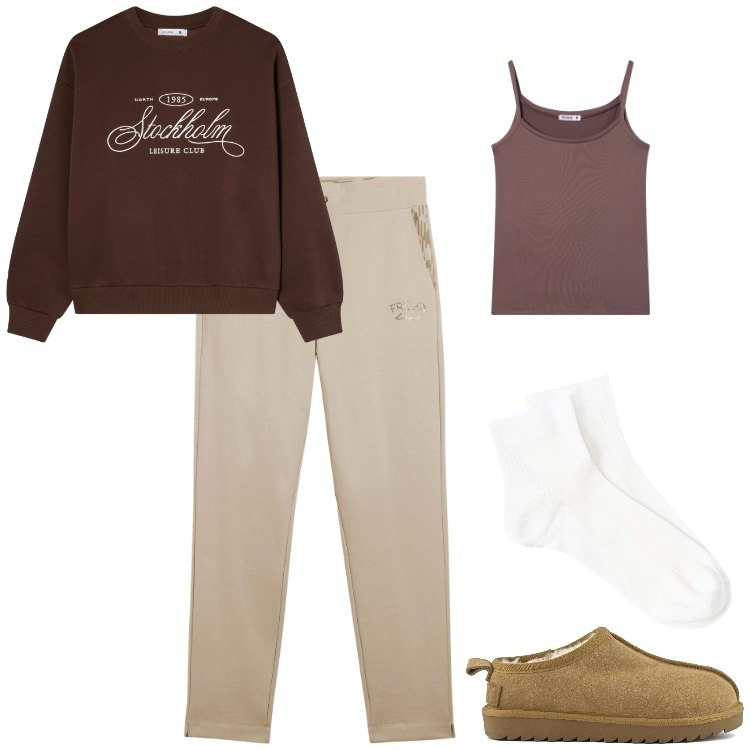 Outfit donna - Oggi Smart!. Stile Basic per Tutti i giorni. Abbinamento con felpe, magliette intime, pantaloni, sabot, calzini.