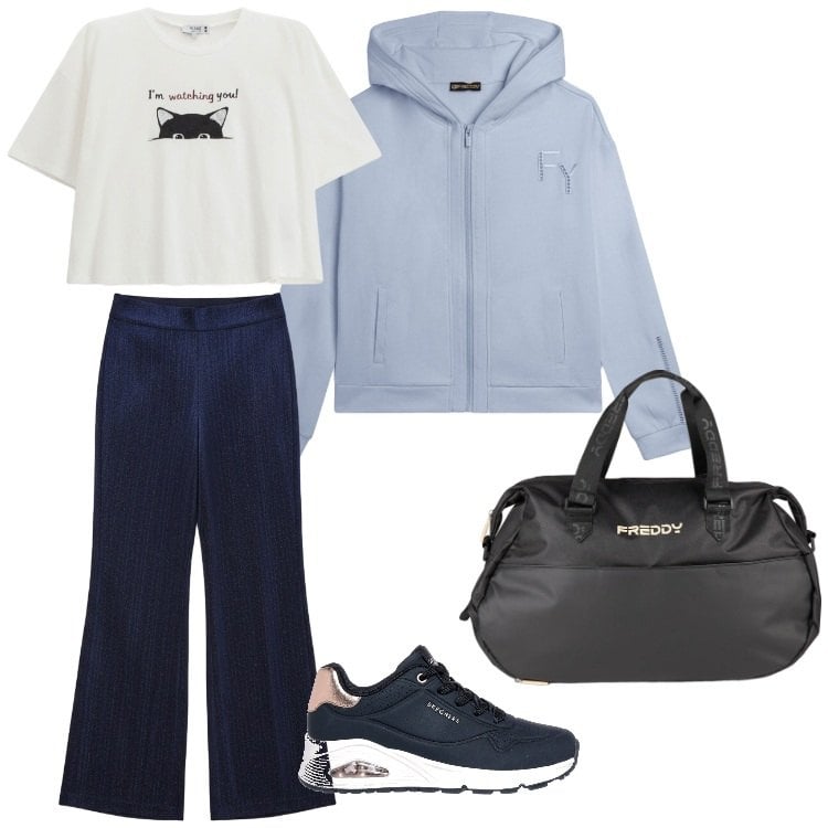 Outfit donna - Total look #2325376. Stile Sporty chic per Sport. Abbinamento con t-shirt, borse sportive, felpe con cappuccio, pantaloni, sneakers.