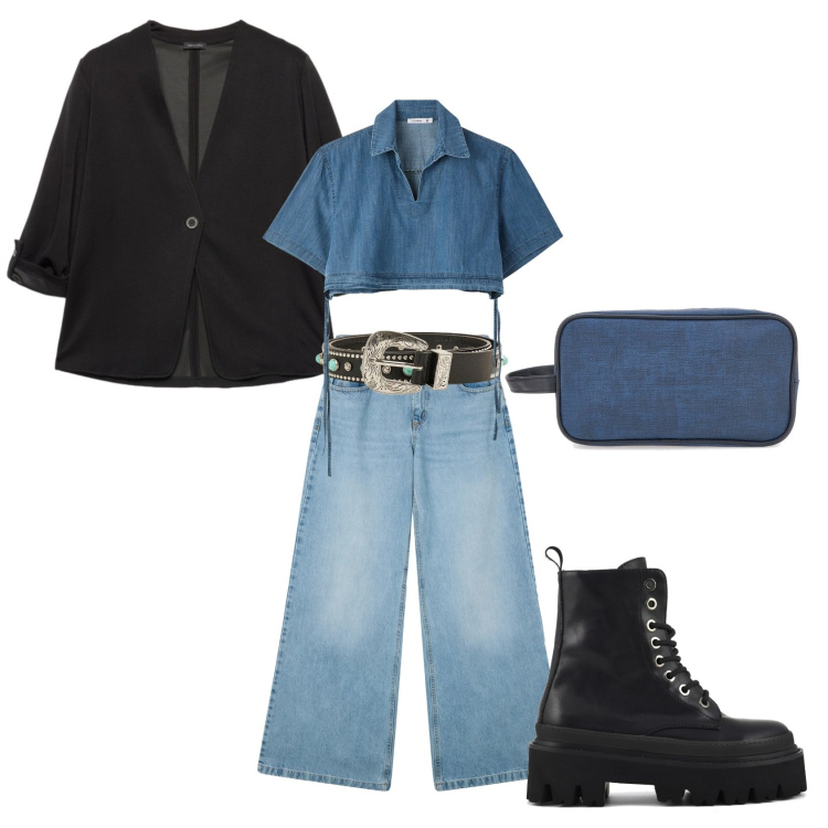 Outfit donna - Black & Jeans...in saldo!. Stile 70s per Tutti i giorni. Abbinamento con camicie a manica corta, cinture, jeans, valigie, blazer, anfibi.