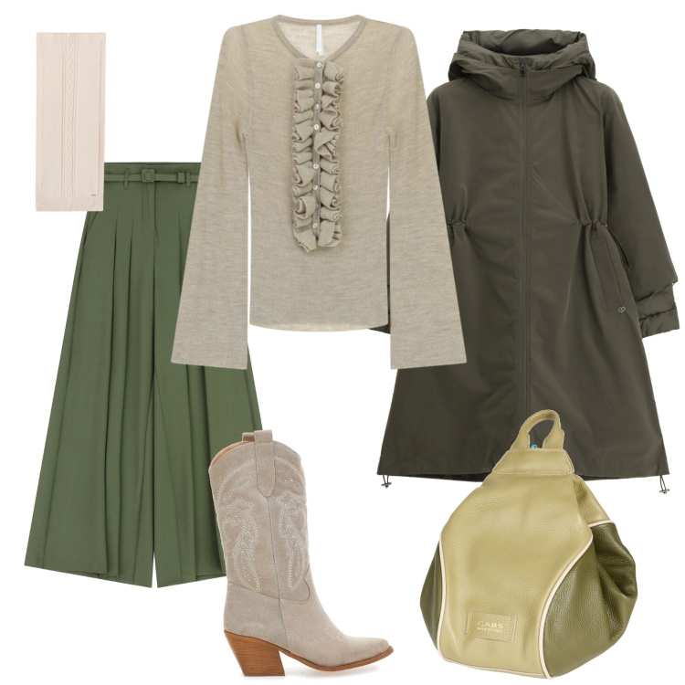 Outfit donna - Total look #2325392. Stile Casual chic per Ufficio. Abbinamento con zaini, parka, pantaloni a palazzo, maglieria, sciarpe, stivaletti texani.