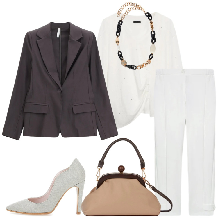 Outfit donna - Total look #2325393. Stile Glamour per Cerimonia. Abbinamento con blazer, collane, t-shirt, pantaloni, décolleté, clutch.