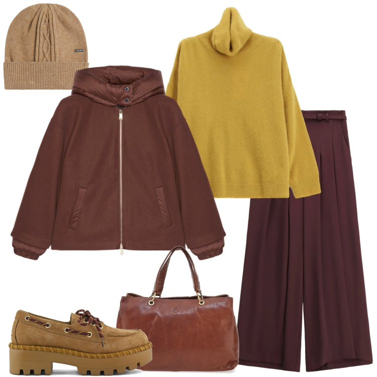 Outfit donna - Gennaio sta finendo. Stile Urban per Tutti i giorni. Abbinamento con pantaloni a palazzo, maglieria, berretti, mocassini, bomber, borse a tracolla.