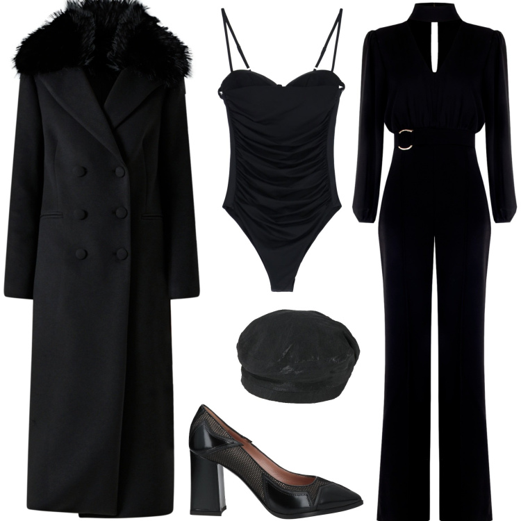 Outfit donna - Total black. Stile Chic per Serata fuori. Abbinamento con cappelli e berretti, décolleté, body, tute, cappotti.