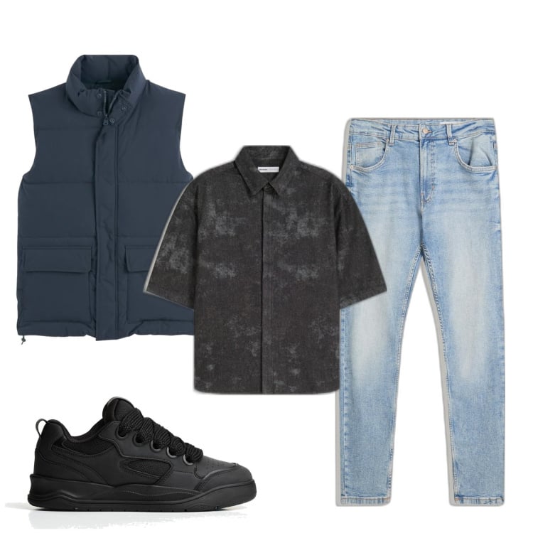 Outfit hombre - Última hora. Estilo Casual para Todos los días. Combinación con chalecos, vaqueros pitillo, camisas de manga corta, sneakers.