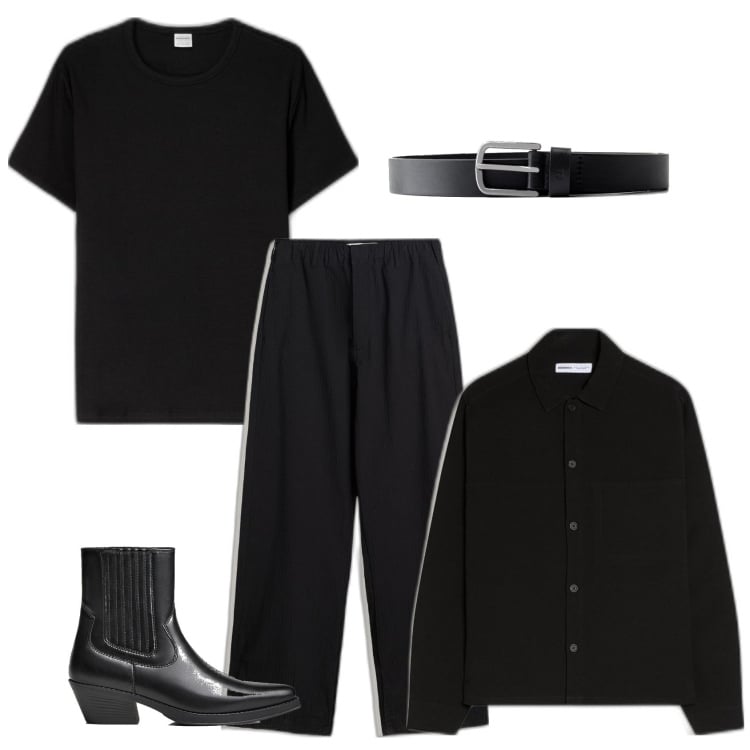 Outfit hombre - Total negro. Estilo Biker Rock para Todos los días. Combinación con cinturones, pantalones, camiseta, botas y botines, camisas.