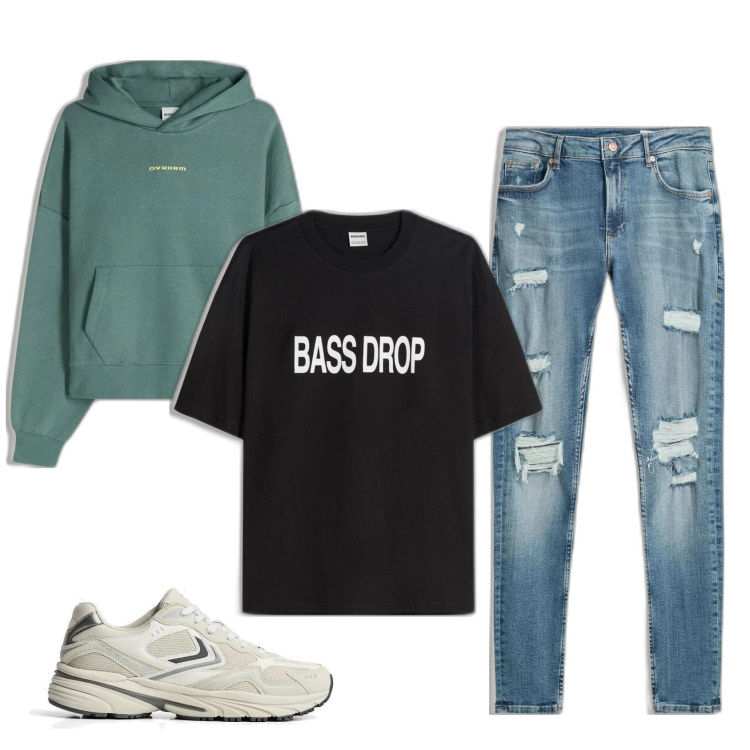 Outfit hombre - Borrasca. Estilo Casual para Todos los días. Combinación con camiseta, sneakers, vaqueros rotos, sudaderas con capucha.