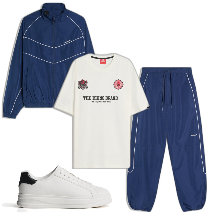 Outfit hombre - Mi chándal azul. Estilo Casual para Deporte. Combinación con camiseta, sneakers, chaquetas, pantalones.