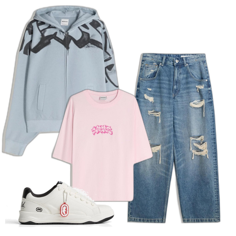 Outfit hombre - Camiseta rosa. Estilo Casual para Todos los días. Combinación con vaqueros rotos, sneakers, sudaderas con capucha, camiseta.