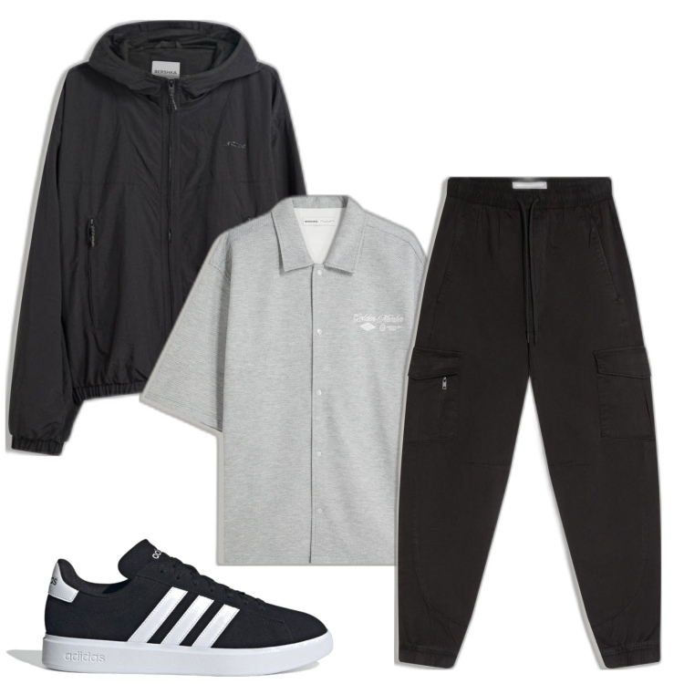 Outfit hombre - A contrarreloj. Estilo Casual para Todos los días. Combinación con sneakers, chaquetas, camisas de manga corta, pantalones cargo.