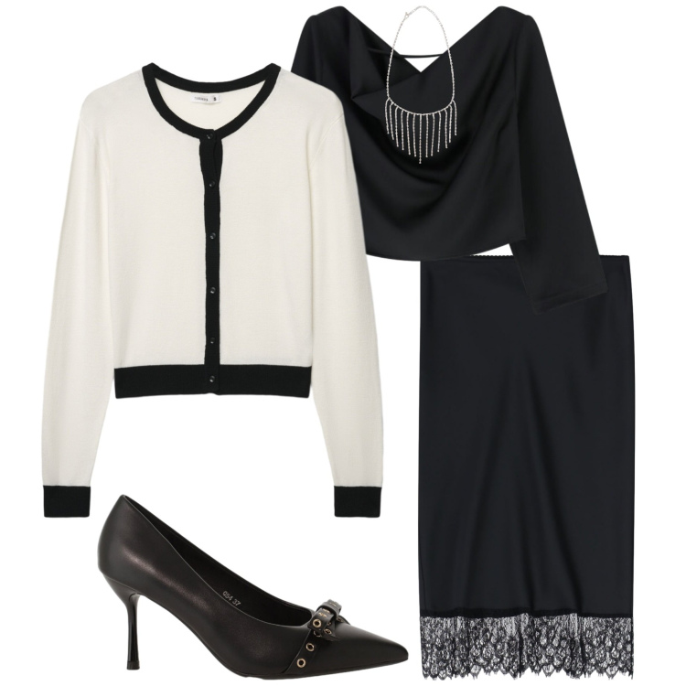Outfit donna - Black and White. Stile Chic per Serata fuori. Abbinamento con collane, cardigans, gonne longuette, top, décolleté.