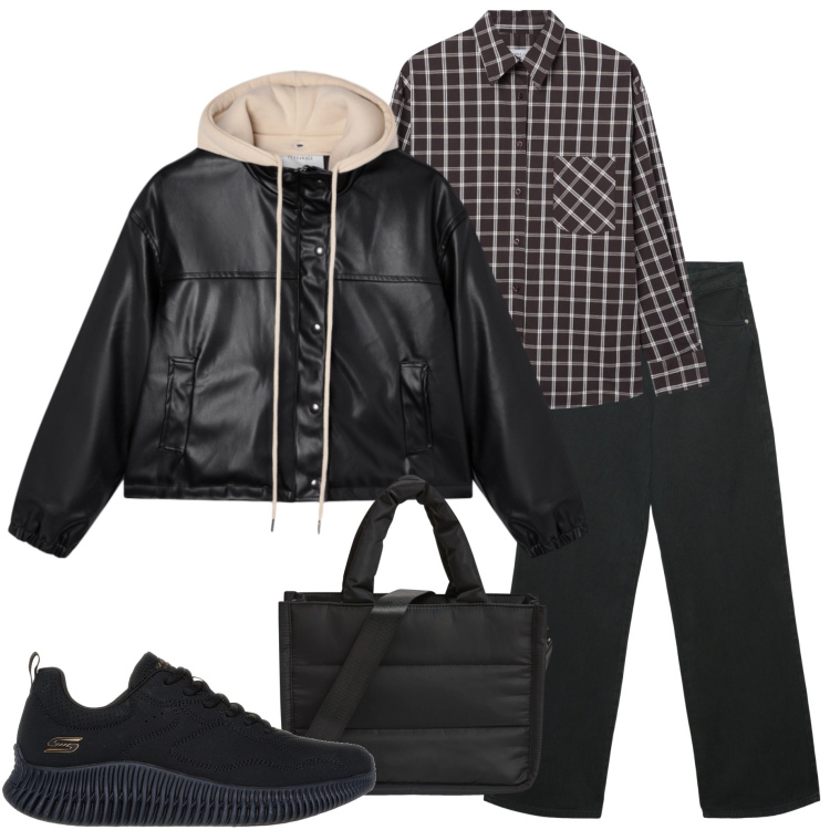 Outfit donna - Casual style. Stile Casual per Scuola/Università. Abbinamento con shopping bag, camicie, jeans, giacche, sneakers.