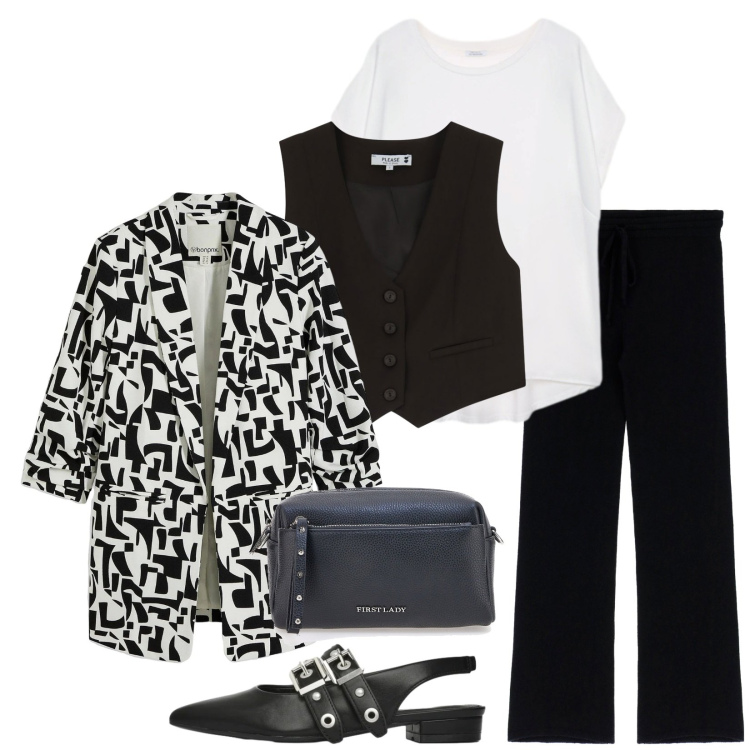 Outfit donna - Total look #2325417. Stile Chic per Serata fuori. Abbinamento con blazer, ballerine, gilet, pantaloni a palazzo, borse a tracolla, bluse.