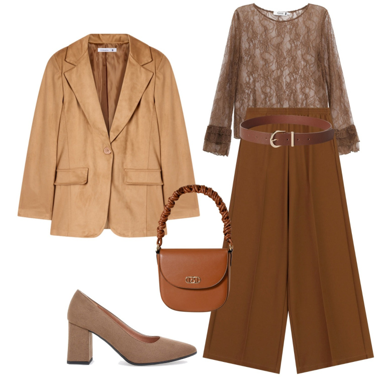 Outfit donna - Total look #2325418. Stile Chic per Serata fuori. Abbinamento con cinture, blazer, top, pantaloni a palazzo, borse a mano, décolleté.