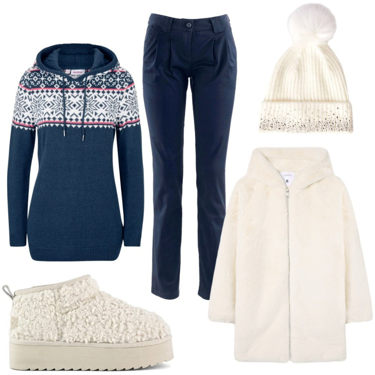 Outfit donna - Al caldo con stile. Stile Casual per Tutti i giorni. Abbinamento con maglieria, pantaloni chino, berretti, cappotti, stivaletti.