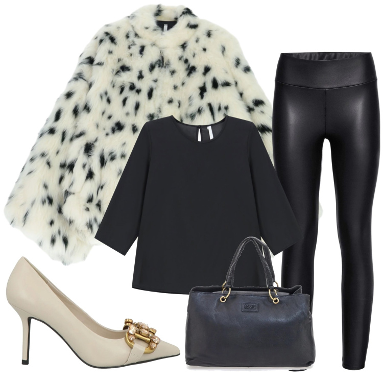 Outfit donna - Total look #2325423. Stile Chic per Serata fuori. Abbinamento con leggings, décolleté, ecopellicce, bluse, borse a mano.