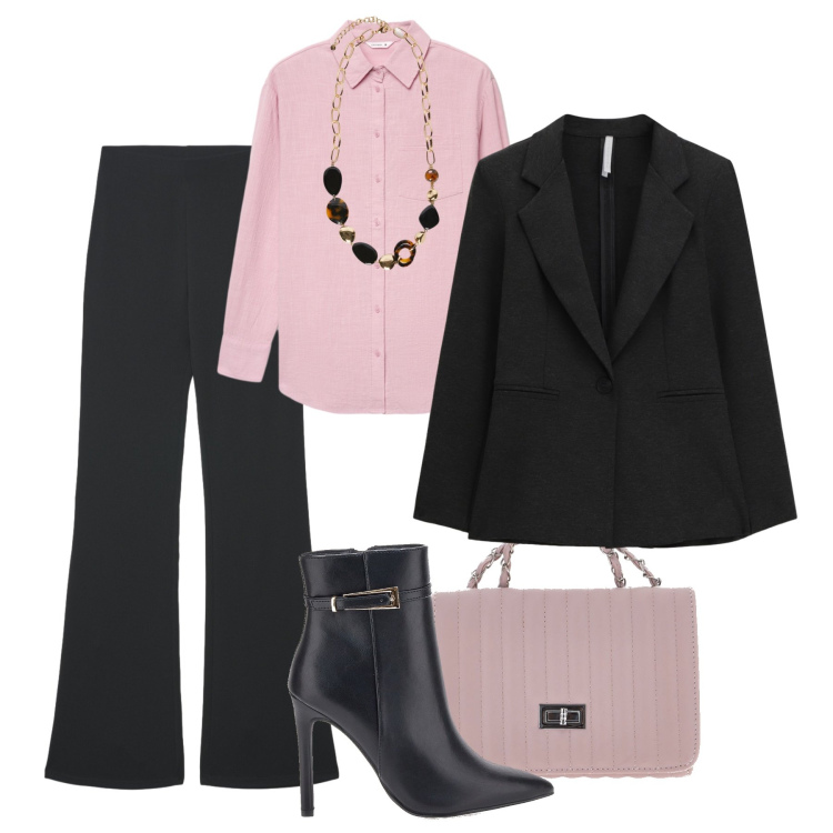 Outfit donna - Pantaloni a zampa. Stile Glamour per Ufficio. Abbinamento con pantaloni, camicie, blazer, collane, borse a tracolla, stivaletti.