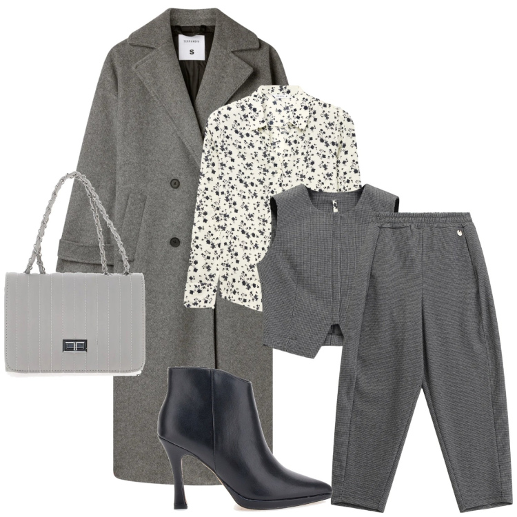 Outfit donna - Total look #2325427. Stile Chic per Ufficio. Abbinamento con cappotti, camicie, pantaloni, gilet, borse a tracolla, stivaletti.
