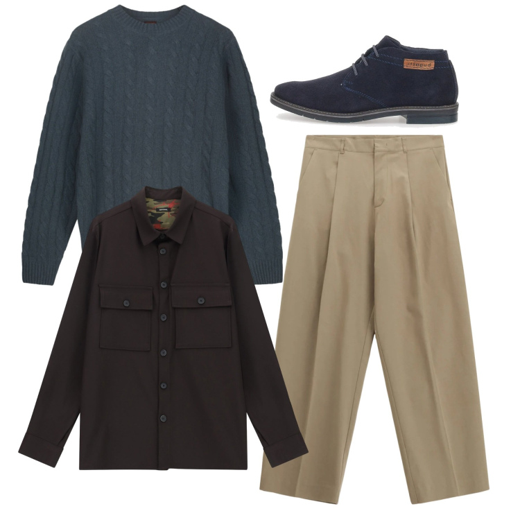 Outfit uomo - Total look. Stile Casual per Tutti i giorni. Abbinamento con camicie, pantaloni, scarpe stringate, maglieria.