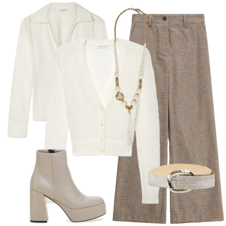 Outfit donna - Total look #2325430. Stile Trendy per Tutti i giorni. Abbinamento con camicie, cinture, cardigans, pantaloni a palazzo, stivaletti, ciondoli.