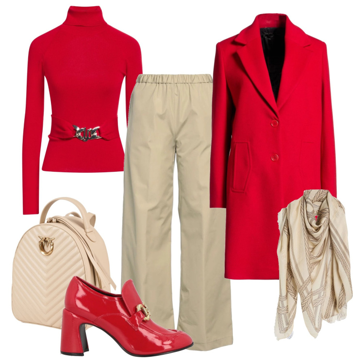 Outfit donna - Aperitivo rosso e beige. Stile Casual chic per Tutti i giorni. Abbinamento con pantaloni, maglieria, cappotti, zaini, sciarpe, mocassini.