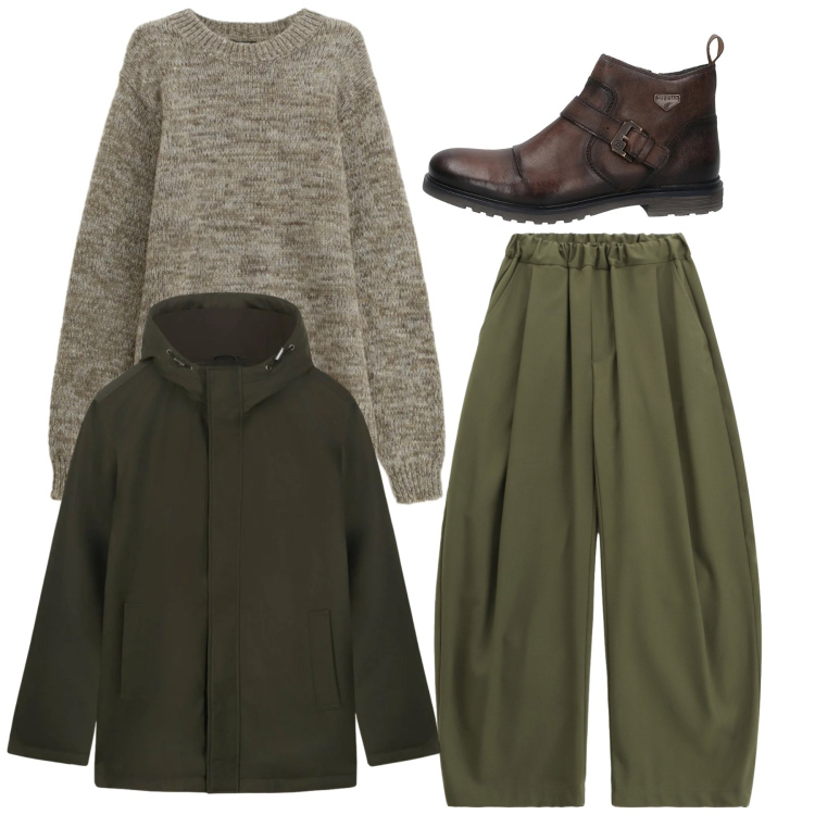 Outfit uomo - Total look. Stile Trendy per Tutti i giorni. Abbinamento con pantaloni, maglieria, stivali e stivaletti, eskimo.