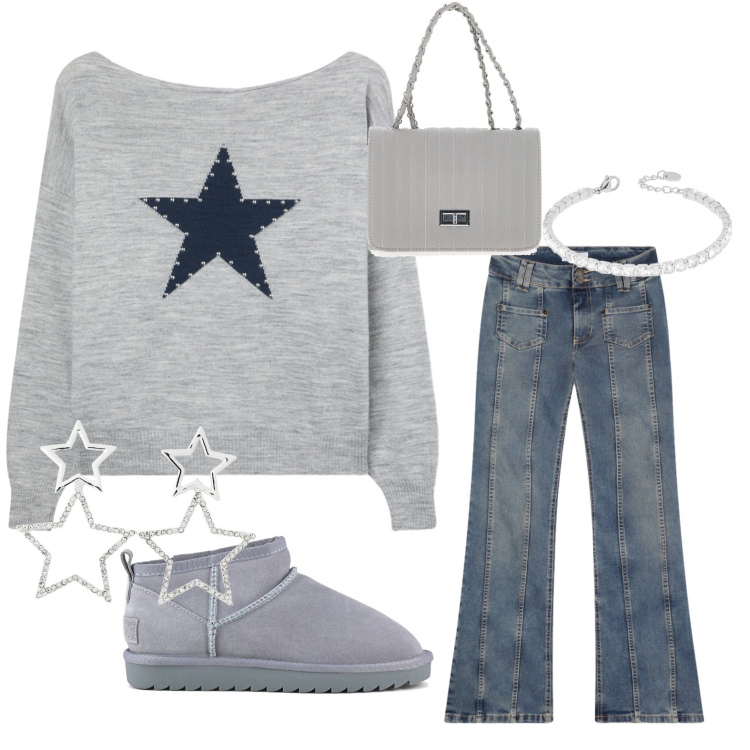 Outfit donna - Stargirl. Stile Casual per Tutti i giorni. Abbinamento con jeans, orecchini, maglieria, braccialetti, stivali, borse a tracolla.