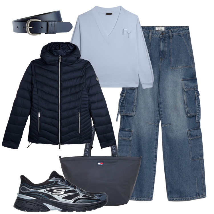 Outfit donna - Jeans cargo in blu. Stile Casual per Tutti i giorni. Abbinamento con cinture, jeans, piumini, felpe, borse tote, sneakers.