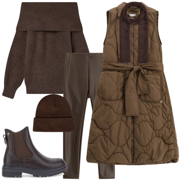 Outfit donna - Mocha mousse. Stile Urban per Tutti i giorni. Abbinamento con maglieria, sciarpe, berretti, blazer, pantaloni skinny, stivaletti chelsea.