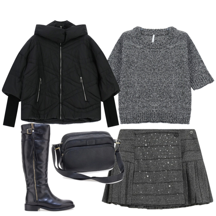 Outfit donna - Grey in the city. Abbinamento con minigonne, maglieria, bomber, stivali, borse a tracolla.