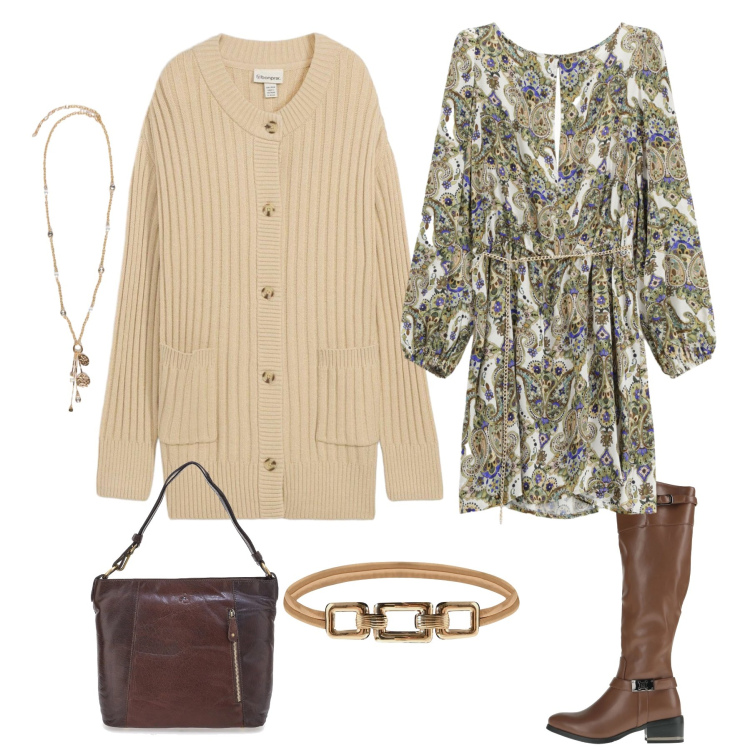 Outfit donna - Boho-Chic d\'Inverno. Stile Boho per Tutti i giorni. Abbinamento con cardigans, stivali, vestiti corti, cinture, ciondoli, borse a spalla.