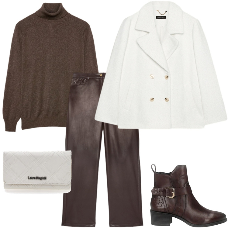 Outfit donna - Cappotto bianco. Stile Casual chic per Tutti i giorni. Abbinamento con stivaletti, portafogli, pantaloni chino, maglieria, caban.