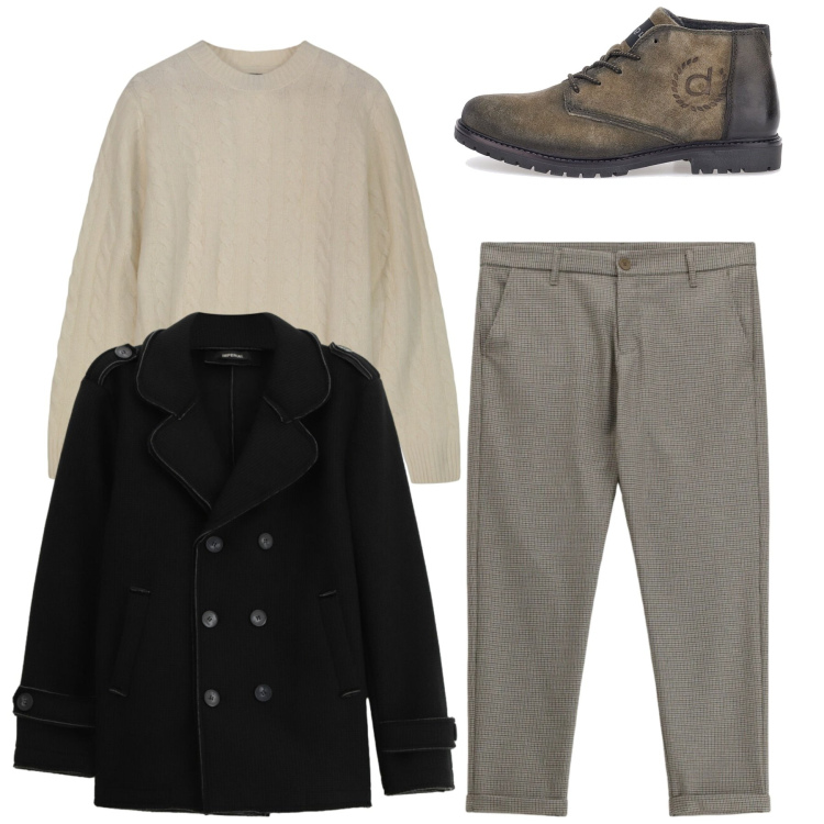 Outfit uomo - Doppiopetto con i profili. Stile Trendy per Tutti i giorni. Abbinamento con pantaloni, cappotti, scarpe stringate, maglieria.