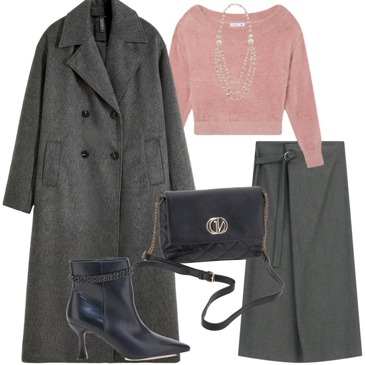 Outfit donna - In città. Stile Urban per Ufficio. Abbinamento con cappotti, maglieria, gonne lunghe, collane, stivaletti, borse a mano.