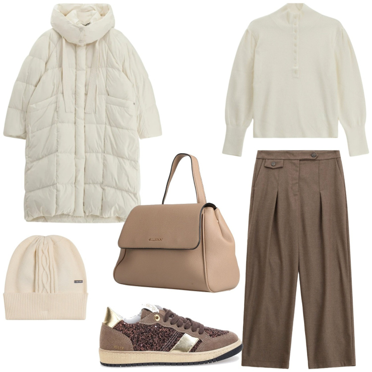 Outfit donna - Winter White puffer jacket. Stile Urban per Tutti i giorni. Abbinamento con zaini, pantaloni, piumini, maglieria, berretti, sneakers.