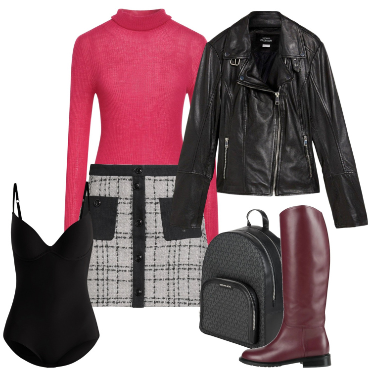 Outfit donna - Gennaio. Stile Chic per Ufficio. Abbinamento con blazer, maglieria, zaini, stivali, minigonne, body.