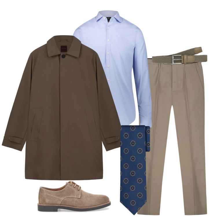 Outfit uomo - Total look #2325473. Stile Business/Elegante per Ufficio. Abbinamento con cinture, camicie, scarpe stringate, cravatte, pantaloni, trench.