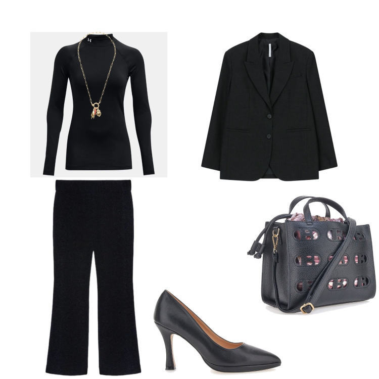 Outfit donna - Total black. Stile Urban per Ufficio. Abbinamento con blazer, ciondoli, pullovers, décolleté, borse a mano, pantaloni.