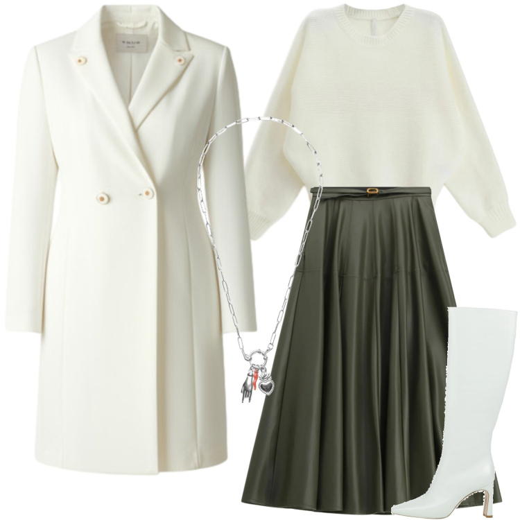 Outfit donna - Luminosa. Stile Chic per Tutti i giorni. Abbinamento con stivali, gonne lunghe, maglieria, ciondoli, cappotti.