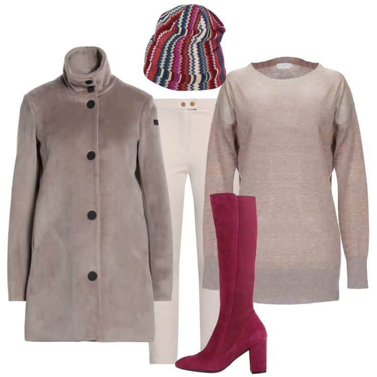 Outfit donna - Tortora & Porpora. Stile Sporty chic per Ufficio. Abbinamento con stivali, pullovers, pantaloni skinny, cappelli, cappotti.