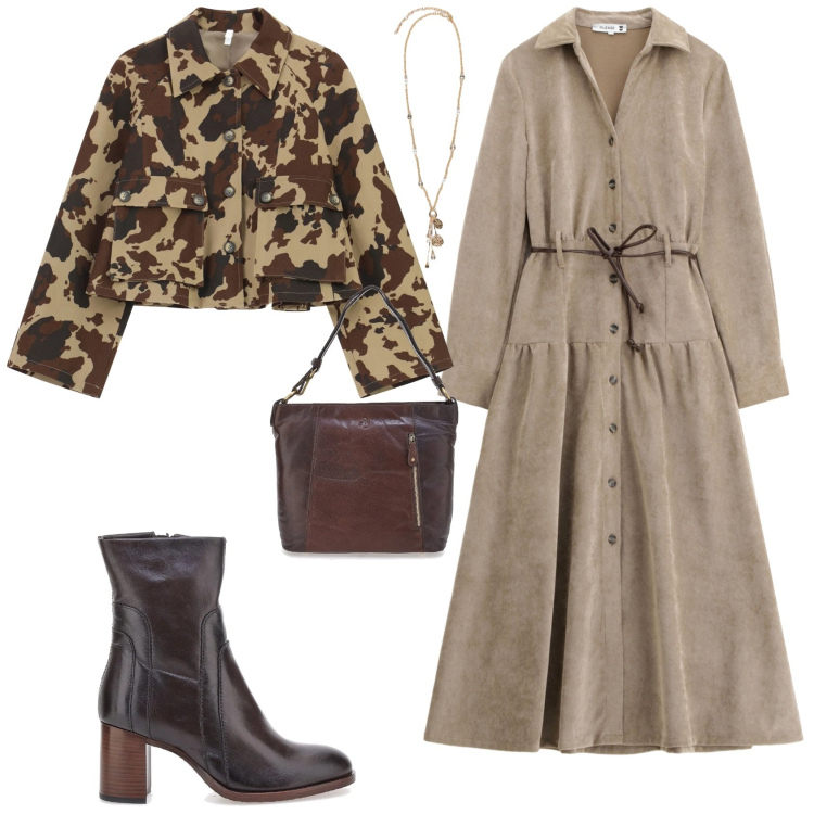 Outfit donna - Chemisier beige ogni giorno. Stile Boho per Tutti i giorni. Abbinamento con vestiti lunghi, cappotti, ciondoli, stivaletti, borse a spalla.