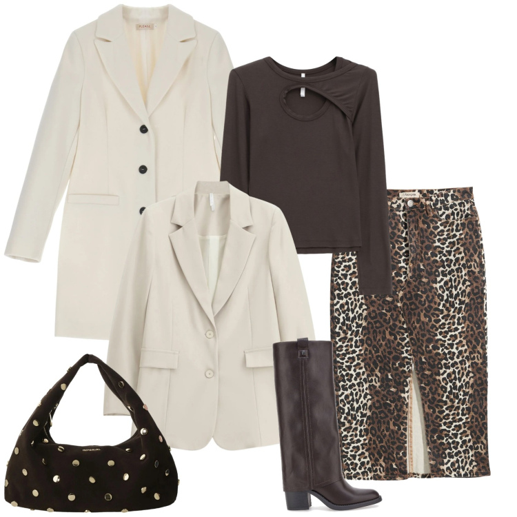 Outfit donna - Casual chic ufficio tempo libero. Stile Casual chic per Ufficio. Abbinamento con gonne, cappotti, blazer, maglieria, borse a spalla, stivali sopra il ginocchio.