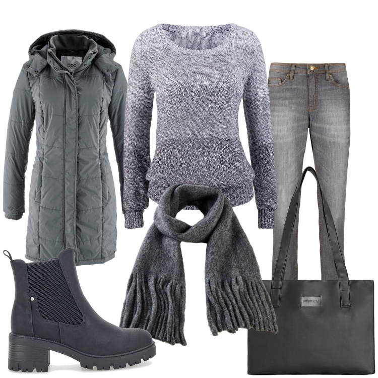 Outfit donna - Grigio casual. Stile Casual per Tutti i giorni. Abbinamento con giacche, jeans mom, maglieria, sciarpe, shopping bag, stivaletti chelsea.