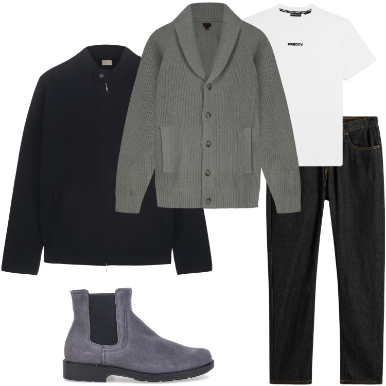 Outfit uomo - Layering d\'inverno. Stile Urban per Ufficio. Abbinamento con jeans dritti, t-shirt, giacche, stivali e stivaletti, cardigans.