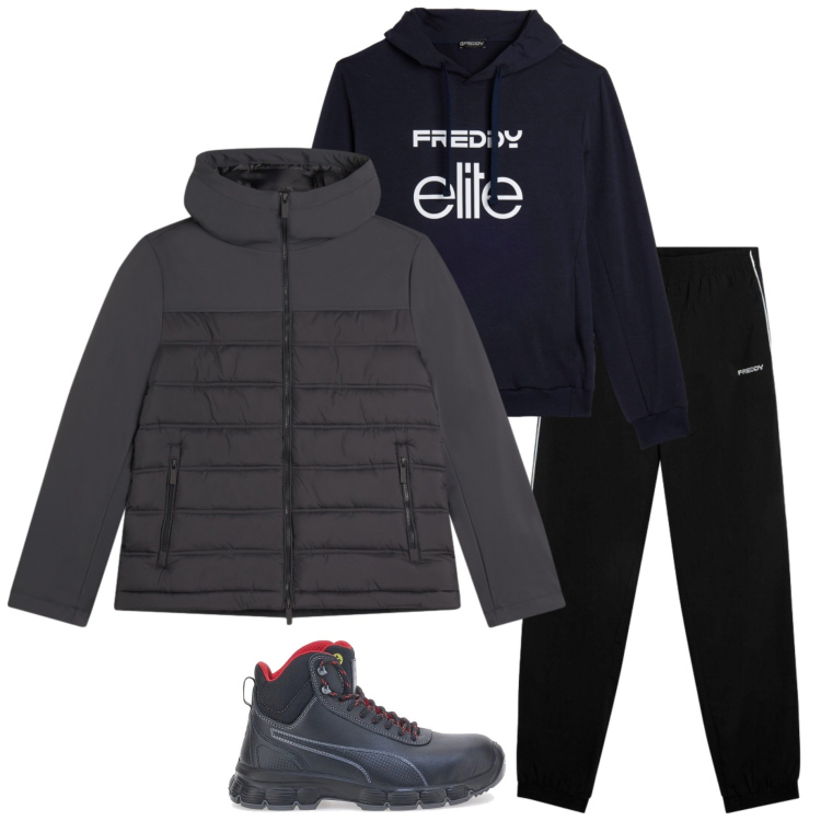 Outfit uomo - Giornata relax. Stile Casual per Sport. Abbinamento con piumini, pantaloni sportivi, felpe con cappuccio, stivali e stivaletti.