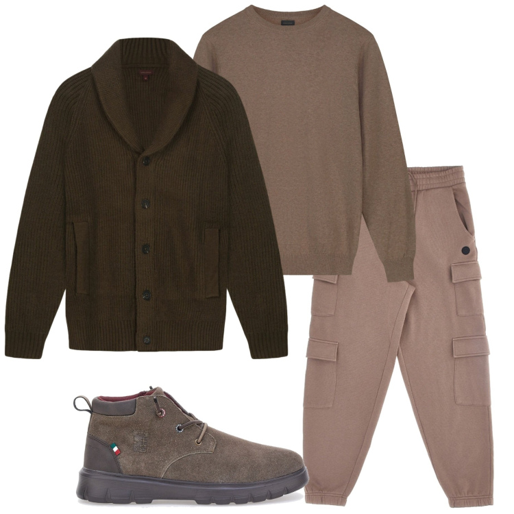 Outfit uomo - A casa di amici. Stile Casual per Serata speciale. Abbinamento con maglieria, pantaloni cargo, stivali e stivaletti, cardigans.