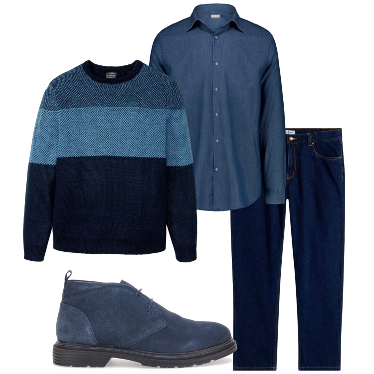 Outfit uomo - Casual in ufficio. Stile Casual per Ufficio. Abbinamento con jeans dritti, maglieria, scarpe stringate, camicie.