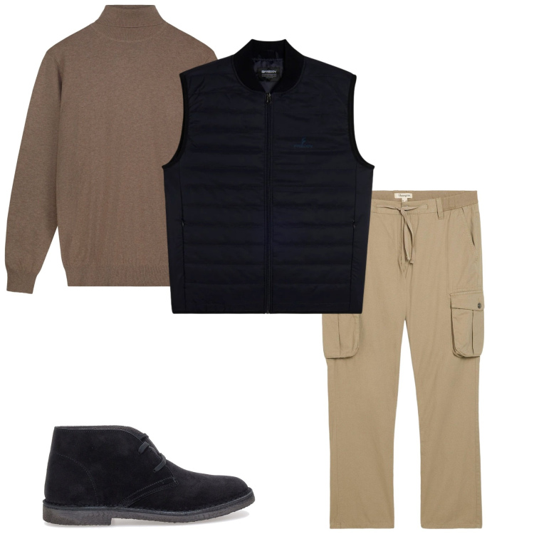 Outfit uomo - Pantaloni cargo. Stile Casual per Tutti i giorni. Abbinamento con pantaloni cargo, piumini, maglieria, stivali e stivaletti.