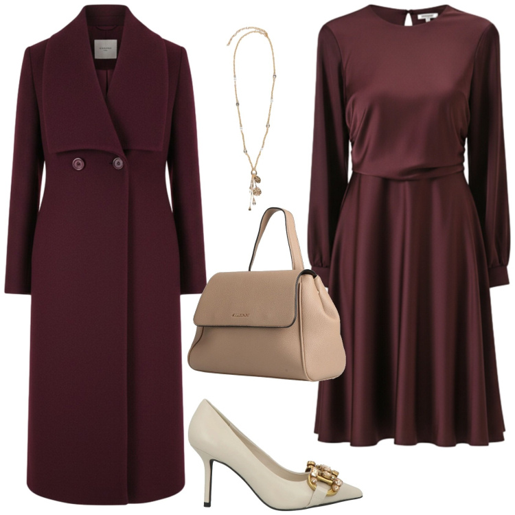 Outfit donna - Glamour. Stile Glamour per Serata fuori. Abbinamento con zaini, décolleté, vestiti midi/longuette, cappotti, ciondoli.